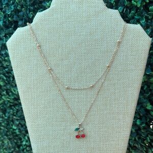 Elegant Gold Cherry Pendant with Dounle Strand Necklace